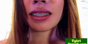 FRANKS T-GIRL WORLD - Asian ladyboy with braces dildo fucks her asshole