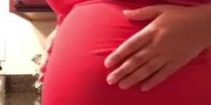 LMBB 2020 AUGUST massive stuffed belly in tight red dress