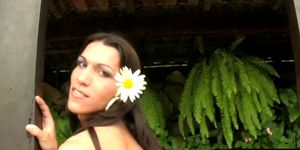 SHEMALE TUGJOBS - Feminine t-girl strips her huge natural ass from black thong