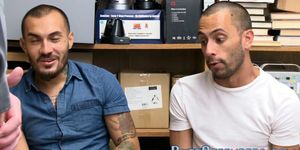 Gay thief gets blowjob and rides cock