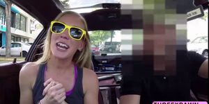 Skinny hot babe sucks huge cock while gets pussy fingered by shop owner