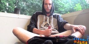 STRAIGHT NAKED THUGS - Homosexual thug takes a smoke outdoors and jacks off