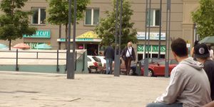 Brunette takes mouthful in public bar (Lena, Lucia Love)