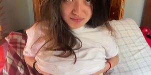 Asian college girl takes a study break