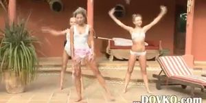 Morning exercises with three naked model