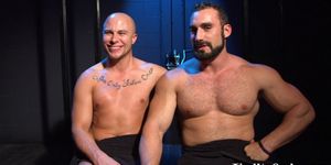 BOUND GODS - BDSM restrained sub deepthroats doms cock