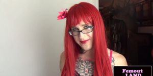 Inked femboy stroking her hard cock