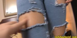 Huge boobs ladyboy screwed in her asshole on the bed