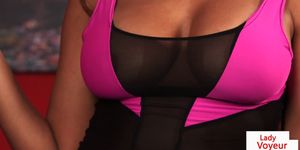 Ebony voyeur dominates a tugging guy