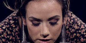 Brunette in custom metal device whipped (Nadia Styles)