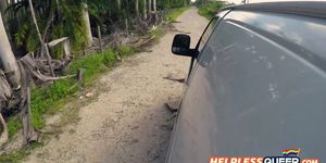 Helpless dude hitches ride with a very horny and rough driver
