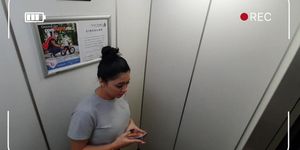 two hot girls stuck in the elevator having public sex