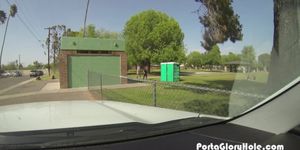 Porta Gloryhole Hot babe swallows cum at public park
