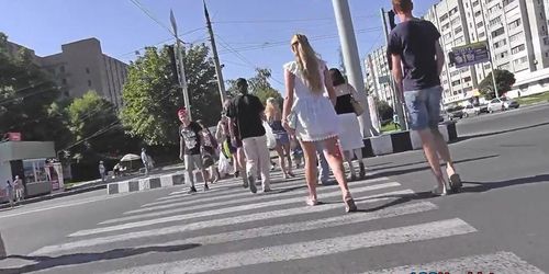 Upskirt vid of girl in tight skirt, wearing a g-string