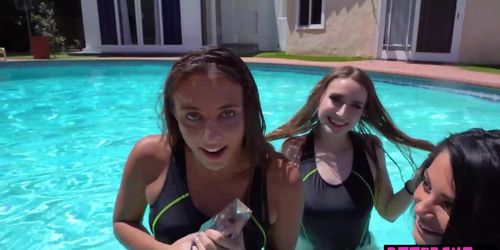Big titted teen swimmer Gianna Grey and BFFs celebrating on a big cock (Dick Pool, Gia Derza, Laney Grey)