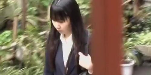 Black-haired teen girl getting fully revealed when sharking fella grabs her skirt