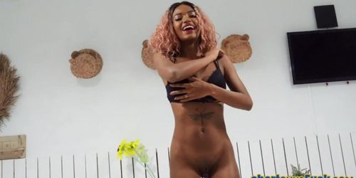 SHORT GUYS FUCK - Lingerie ebony babe with big boobs POV fucked by little guy (Little Man, little man)
