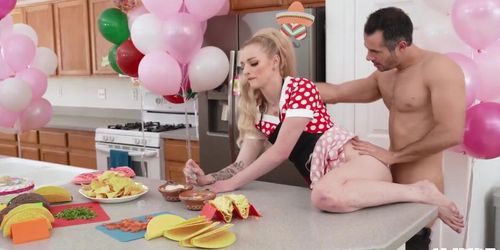 Hyley leans on the kitchen counter, for Brock to stuff her pussy from behind (Brock Cooper)
