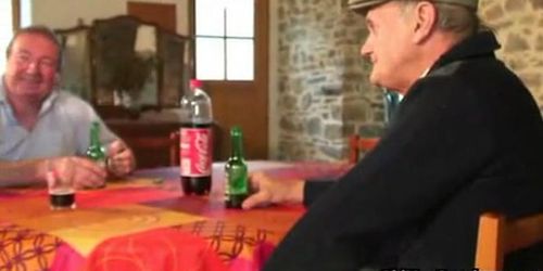 OLD MAN GANGBANG - Double fuck on a table