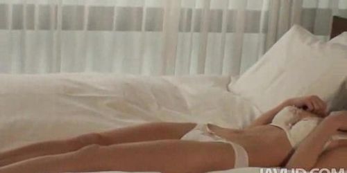 JAVHD - Sweet idol Nao in white satin and white leggings with lace lies on the couch playing with her pussy