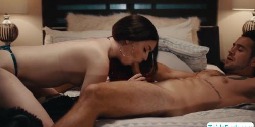Small tits ts Natalie Stone deepthroat and rides her stepbro
