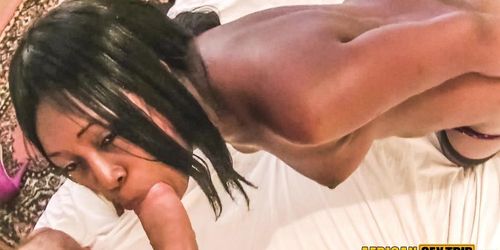 AFRICAN SEX TRIP - Businessman makes his african translator gag on his big white cock