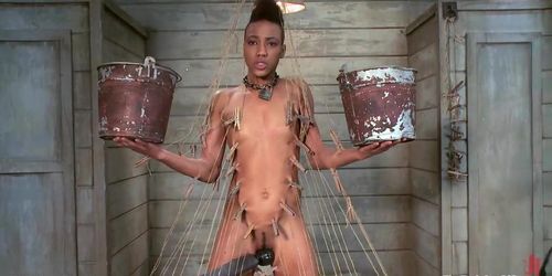 Ebony bound in web of zippers (Niki Dominick, Nikki Darling, Nyrobi Knight, Nyrobi Knights)