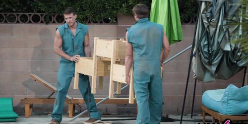 Garden workers tag team lesbian Charlotte Sins roughly in a dirty threesome (Codey Steele, Nathan Bronson)