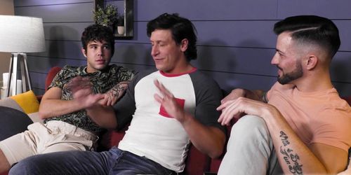 Bisexual guy having his 1st time gay sex experience with two friends (Casey Everett)