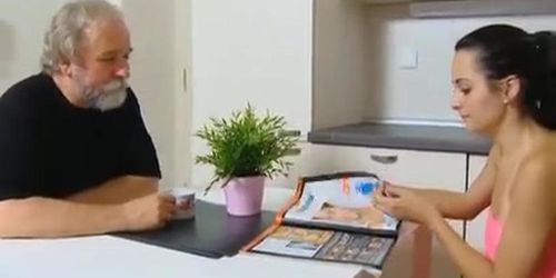 Dumb teen girl lets old man screw her tight shaved pussy on the kitchen table