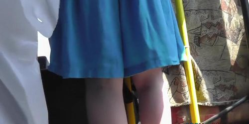 String panty upskirt on a bus