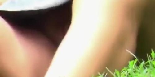 Blonde girl no panties at public park