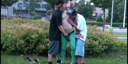 A cute teen Alexis Crystal in a public street threesome sex (Sonechka)