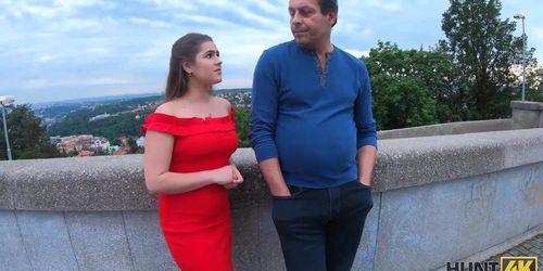 HUNT4K. Naughty chick in bright dress sucks cock and gets nailed by stranger for money