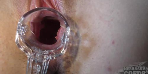 hot blonde newbie opening up her pussy with speculum and watching her cervix rfo