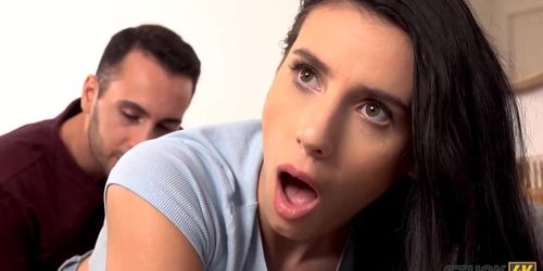 STUCK4K. Boy drills Romanian chick who tries to free stuck in couch hand (Nelly Kent)