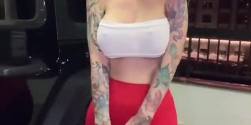 crazy bald girl masturbation in the parking lot and squirting on wheel jeep, tattooed slut