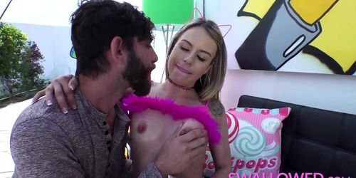 SWALLOWED Skinny blonde hottie Summer Vixen gobbles down a huge dick (Logan Long)