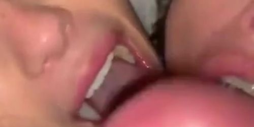 Cock-crazy sluts sharing a facial and cum kissing each other