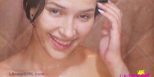 Tiny 18yo brunette teenie takes sexy Shower in 4K