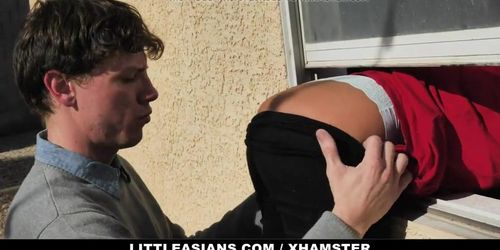 Two Gamer Dudes Bang Cute Asian Pizza Delivery Girl (Ember Snow, Jay Romero, Rion King)