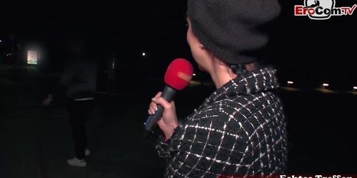 Real public flashing at street casting with unknown people