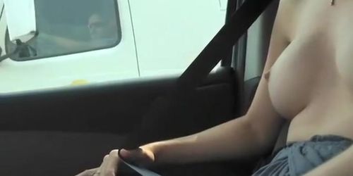 Girlfriend flashes boobs on the road