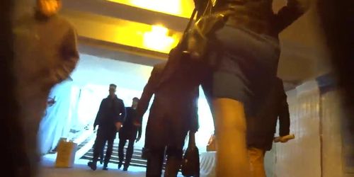 tight blue dress stockings upskirt
