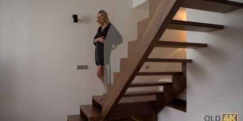 Blonde and old husband interrupted tea to make love on sofa (Brooke Ashley, Jenny Smart)
