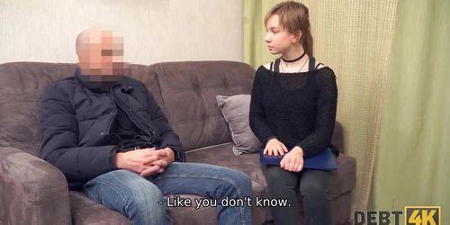 Debt4K. Hot Young Girl With A Choker Satisfies Debt (Eva Abel)