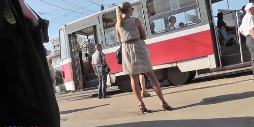 Stunning blonde filmed by spy upskirt camera in public