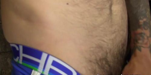 AMATEUR ARMPITS - Tatted biker Christop exercising his stiff dick until it sprays splooge (Christophe Clark)