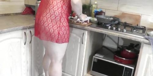 Hot MILF wife in see-through lingerie cooks naked with high heels - blonde pussy close-up
