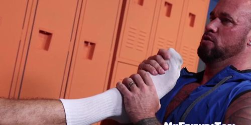 MY FRIENDS TOES - Hunky Aiden Tyler jerked off in an intense feet worship by hairy Michael Roman (Michael Romance)
